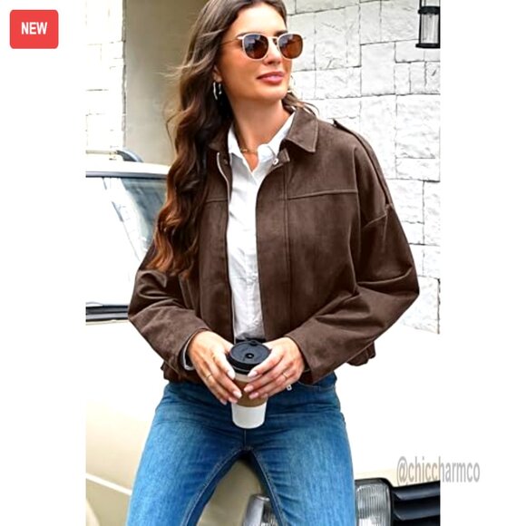 Faux Suede Cropped Jacket Open Front Casual Outerwear Women's Fall Winter - Picture 2 of 7